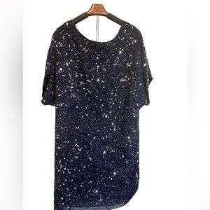 MARINA Heavy Sequin Blue Short Sleeve Formal Dress